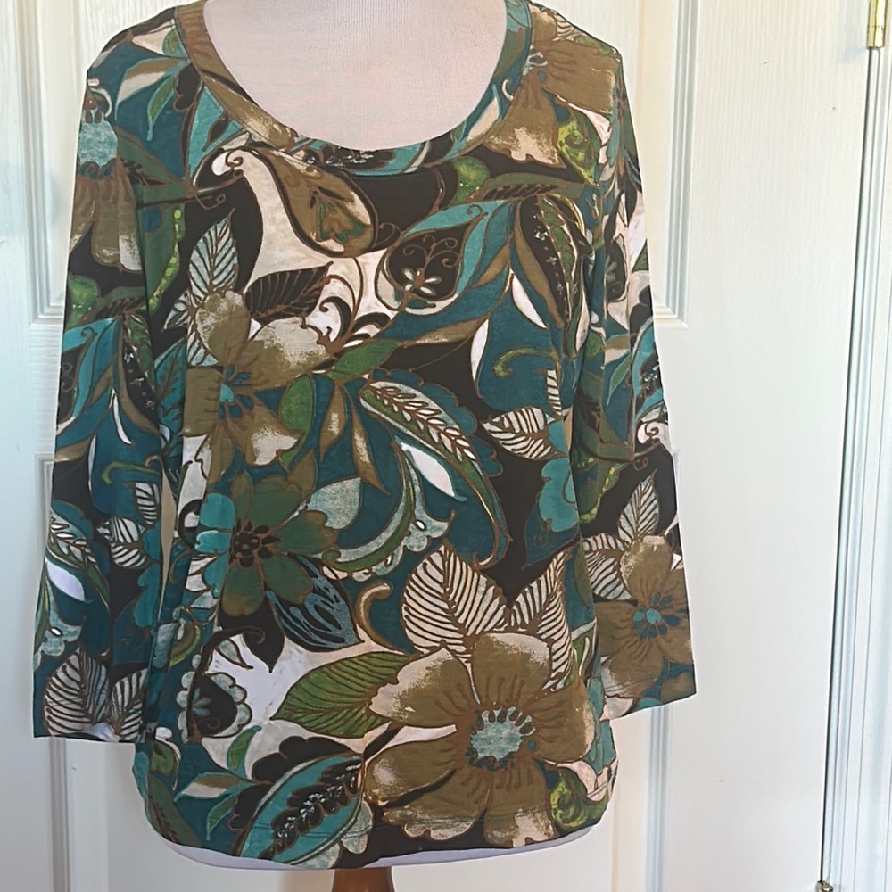 Chico's Green and Brown Relaxed 3/4 Sleeve Blouse